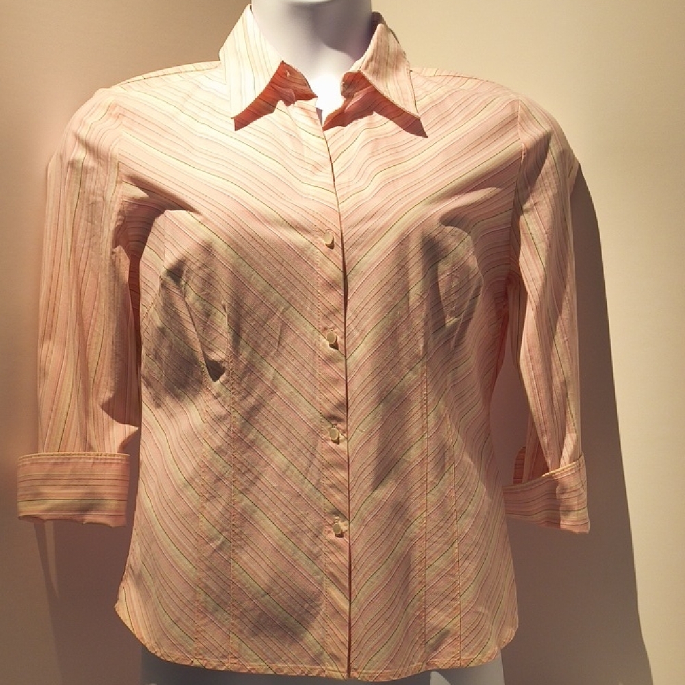 Worthington Fitted Button-Up Blouse 3/4Sleeve Top V-Neck 12 Striped Pattern Pink